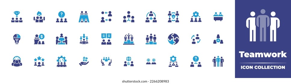 Teamwork icon collection. Duotone color. Vector illustration. Containing winner, success, question, meeting, distribution, third party, brainstorm, team management, interview room, solving.