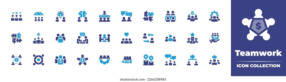 Teamwork icon collection. Duotone color. Vector illustration. Containing employee, protection, idea, brainstorm, interview, discuss, puzzle, meeting, team, cogwheel, leadership, group, intermediary.