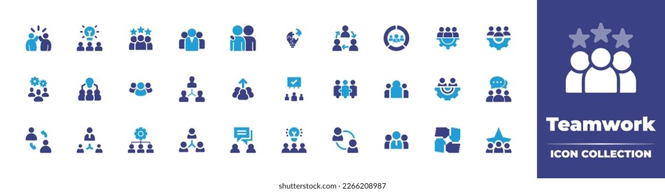 Colección de iconos de trabajo en equipo. Color de duotona. Ilustración vectorial. Conteniendo equipo, brainstorming, rating, trabajo en equipo, soporte, resolución de problemas, administración de equipo, empleado, trabajo en equipo, acuerdo, grupo.