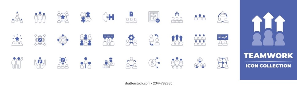 Teamwork icon collection. Duotone style line stroke and bold. Vector illustration. Containing user, men, networking, puzzle, administration, solution, brainstorming, team, teamwork, human, and more.
