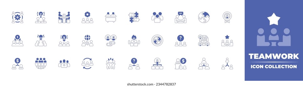Colección de iconos de trabajo en equipo. Curso de línea de estilo duotónico y negrita. Ilustración vectorial. Conteniendo taller, intercambio, ideas, lugar de trabajo, equipo, entrevista, sala, rompecabezas, grupo, trabajo, trabajo en equipo, y más.