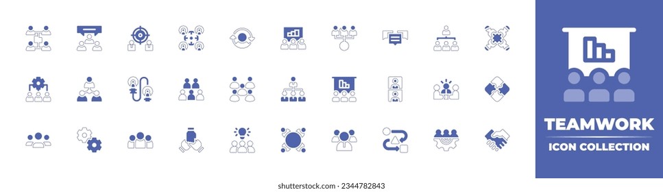 Teamwork icon collection. Duotone style line stroke and bold. Vector illustration. Containing network, chat, goal, team, switch, teamwork, organization, chart, cooperate, group, sport, and more.