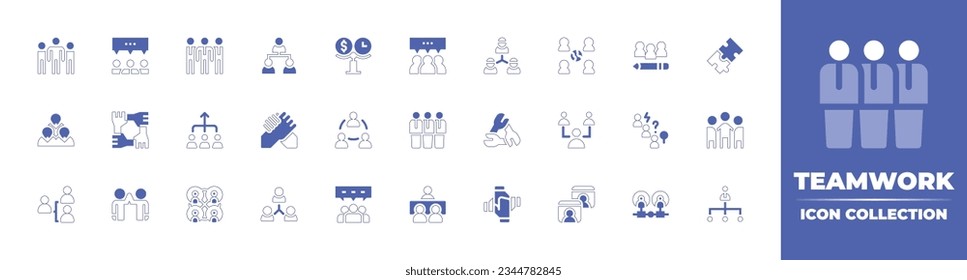 Colección de iconos de trabajo en equipo. Curso de línea de estilo duotónico y negrita. Ilustración vectorial. Conteniendo grupo, discusión, equipo, administración, presupuesto, estructura, trabajo en red, rompecabezas, trabajo en equipo y más.