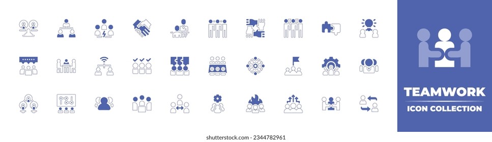 Teamwork icon collection. Duotone style line stroke and bold. Vector illustration. Containing scale, user, intermediary, collaboration, interview, network, cooperation, joint, effort, puzzle, and more