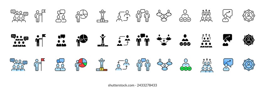 Teamwork icon collection. Linear, silhouette and flat style. Vector icons