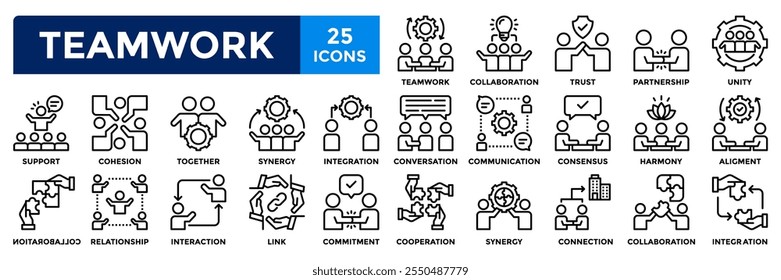 Teamwork icon collection set. Containing collaboration,trust,partnership,together,cooperation,support icon. Simple line vector illustration.