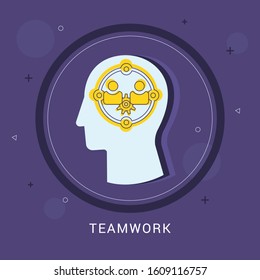 Teamwork icon concept with human head on purple background