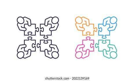 Teamwork icon. Cooperation and brainstorming concept. Group of four business people holding pieces of puzzle. Line vector illustration.