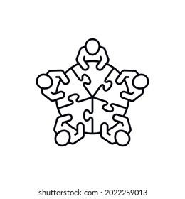 Teamwork icon. Cooperation and brainstorming concept. Group of five business people holding pieces of puzzle. Line vector illustration.
