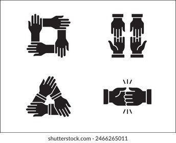 Teamwork-Symbol. Kooperationen-Hands-Icon-Set. Symbol für Zusammenarbeit. Geschäftskollege-Zeichen. Ikonen der Brüderlichkeit, Beziehung, Verbindung, Partnerschaft. Vektorgrafik Einzeldarstellung in flacher Volumenkörperkonstruktion