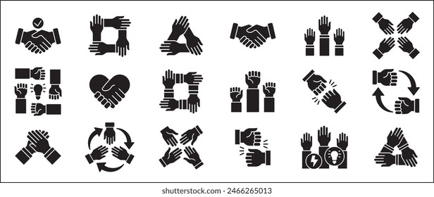 Teamwork-Symbol. Kooperationen-Hands-Icon-Set. Symbol für Zusammenarbeit. Geschäftskollege-Zeichen. Ikonen der Brüderlichkeit, Beziehung, Verbindung, Partnerschaft. Vektorgrafik Einzeldarstellung in flacher Volumenkörperkonstruktion