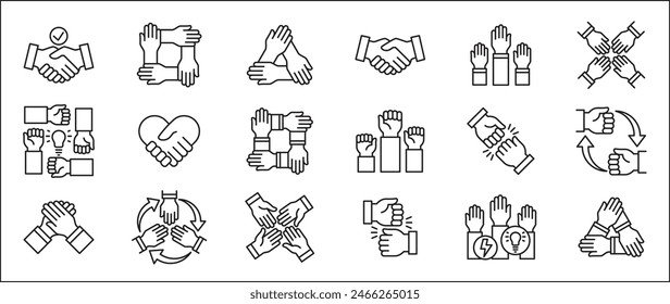 Teamwork-Symbol. Kooperationen-Hands-Icon-Set. Symbol für Zusammenarbeit. Geschäftskollege-Zeichen. Kollektion-Ikonen der Brüderlichkeit, der Gegenseitigkeit, der Beziehung, der Verbindung, der Partnerschaft. Vektorgrafik Stock isolierte Abbildung