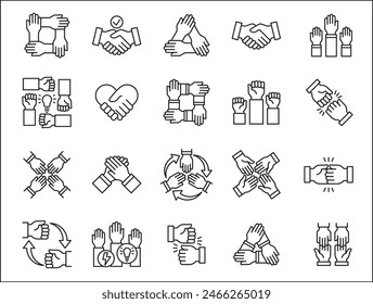 Teamwork-Symbol. Kooperationen-Hands-Icon-Set. Symbol für Zusammenarbeit. Geschäftskollege-Zeichen. Ikonen der Brüderlichkeit, Beziehung, Verbindung, Partnerschaft. Vektorgrafik isolierte Darstellung im Linienstil Design