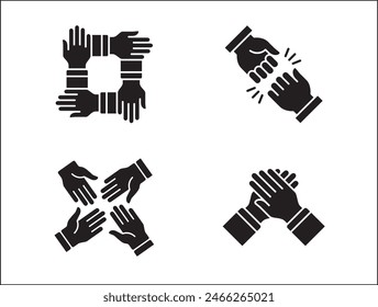 Teamwork-Symbol. Kooperationen-Hands-Icon-Set. Symbol für Zusammenarbeit. Geschäftskollege-Zeichen. Ikonen der Brüderlichkeit, Beziehung, Verbindung, Partnerschaft. Vektorgrafik Einzeldarstellung in flacher Volumenkörperkonstruktion