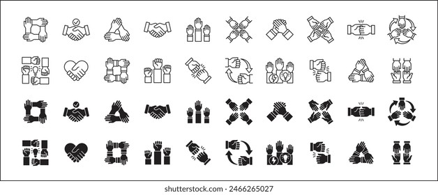 Teamwork-Symbol. Kooperationen-Hands-Icon-Set. Symbol für Zusammenarbeit. Geschäftskollege-Zeichen. Ikonen der Brüderlichkeit, Beziehung, Verbindung, Partnerschaft. Vektorgrafik Einzeldarstellung in flacher Volumenkörperkonstruktion