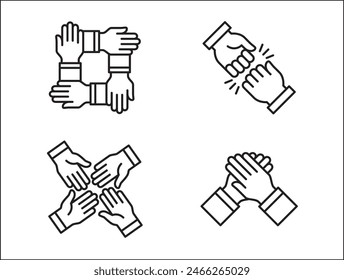 Teamwork-Symbol. Kooperationen-Hands-Icon-Set. Symbol für Zusammenarbeit. Geschäftskollege-Zeichen. Ikonen der Brüderlichkeit, Beziehung, Verbindung, Partnerschaft. Vektorgrafik isolierte Darstellung im Linienstil Design