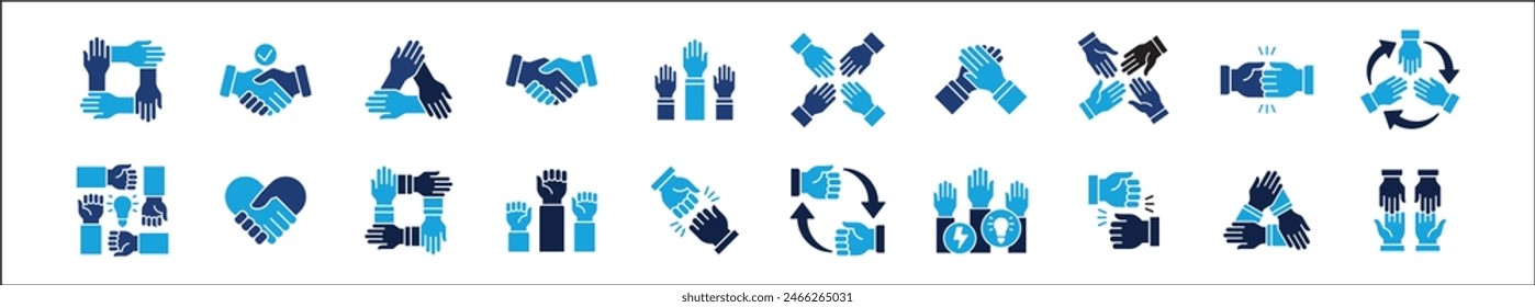 Teamwork-Symbol. Kooperationen-Hands-Icon-Set. Symbol für Zusammenarbeit. Geschäftskollege-Zeichen. Ikonen der Brüderlichkeit, Beziehung, Verbindung, Partnerschaft. Vektorgrafik Einzeldarstellung in flacher Volumenkörperkonstruktion