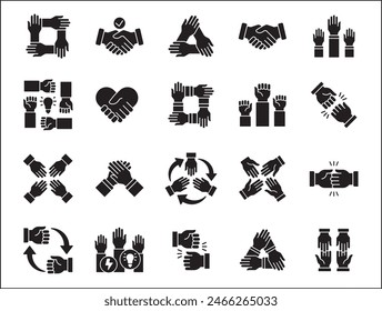 Teamwork-Symbol. Kooperationen-Hands-Icon-Set. Symbol für Zusammenarbeit. Geschäftskollege-Zeichen. Ikonen der Brüderlichkeit, Beziehung, Verbindung, Partnerschaft. Vektorgrafik Einzeldarstellung in flacher Volumenkörperkonstruktion