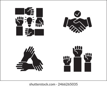 Teamwork-Symbol. Kooperationen-Hands-Icon-Set. Symbol für Zusammenarbeit. Geschäftskollege-Zeichen. Ikonen der Brüderlichkeit, Beziehung, Verbindung, Partnerschaft. Vektorgrafik Einzeldarstellung in flacher Volumenkörperkonstruktion