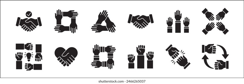 Teamwork-Symbol. Kooperationen-Hands-Icon-Set. Symbol für Zusammenarbeit. Geschäftskollege-Zeichen. Ikonen der Brüderlichkeit, Beziehung, Verbindung, Partnerschaft. Vektorgrafik Einzeldarstellung in flacher Volumenkörperkonstruktion