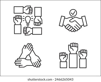 Teamwork-Symbol. Kooperationen-Hands-Icon-Set. Symbol für Zusammenarbeit. Geschäftskollege-Zeichen. Ikonen der Brüderlichkeit, Beziehung, Verbindung, Partnerschaft. Vektorgrafik isolierte Darstellung im Linienstil Design