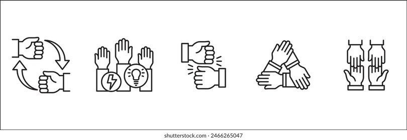 Teamwork-Symbol. Kooperationen-Hands-Icon-Set. Symbol für Zusammenarbeit. Geschäftskollege-Zeichen. Ikonen der Brüderlichkeit, Beziehung, Verbindung, Partnerschaft. Vektorgrafik isolierte Darstellung im Linienstil Design