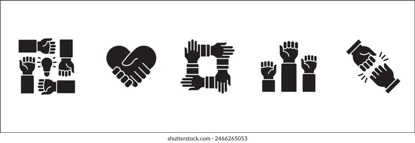 Teamwork-Symbol. Kooperationen-Hands-Icon-Set. Symbol für Zusammenarbeit. Geschäftskollege-Zeichen. Ikonen der Brüderlichkeit, Beziehung, Verbindung, Partnerschaft. Vektorgrafik Einzeldarstellung in flacher Volumenkörperkonstruktion