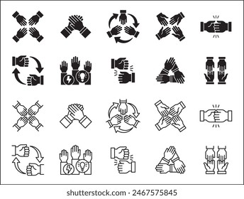 Teamwork-Symbol. Kooperationen-Hands-Icon-Set. Symbol für Zusammenarbeit. Geschäftskollege-Zeichen. Ikonen der Brüderlichkeit, Beziehung, Verbindung, Partnerschaft. Vektorgrafik Einzeldarstellung in flacher Volumenkörperkonstruktion