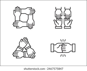 Teamwork-Symbol. Kooperationen-Hands-Icon-Set. Symbol für Zusammenarbeit. Geschäftskollege-Zeichen. Ikonen der Brüderlichkeit, Beziehung, Verbindung, Partnerschaft. Vektorgrafik isolierte Darstellung im Linienstil Design