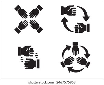 Teamwork-Symbol. Kooperationen-Hands-Icon-Set. Symbol für Zusammenarbeit. Geschäftskollege-Zeichen. Ikonen der Brüderlichkeit, Beziehung, Verbindung, Partnerschaft. Vektorgrafik Einzeldarstellung in flacher Volumenkörperkonstruktion