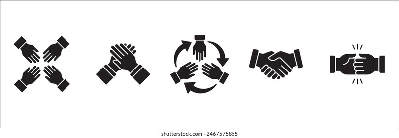 Teamwork-Symbol. Kooperationen-Hands-Icon-Set. Symbol für Zusammenarbeit. Geschäftskollege-Zeichen. Ikonen der Brüderlichkeit, Beziehung, Verbindung, Partnerschaft. Vektorgrafik Einzeldarstellung in flacher Volumenkörperkonstruktion