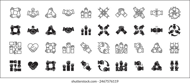 Teamwork-Symbol. Kooperationen-Hands-Icon-Set. Symbol für Zusammenarbeit. Geschäftskollege-Zeichen. Ikonen der Brüderlichkeit, Beziehung, Verbindung, Partnerschaft. Vektorgrafik Einzeldarstellung in flacher Volumenkörperkonstruktion