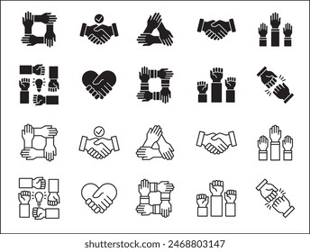 Teamwork-Symbol. Kooperationen-Hands-Icon-Set. Symbol für Zusammenarbeit. Geschäftskollege-Zeichen. Ikonen der Brüderlichkeit, Beziehung, Verbindung, Partnerschaft. Vektorgrafik Einzeldarstellung in flacher Volumenkörperkonstruktion