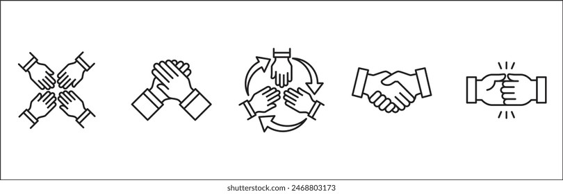 Teamwork-Symbol. Kooperationen-Hands-Icon-Set. Symbol für Zusammenarbeit. Geschäftskollege-Zeichen. Ikonen der Brüderlichkeit, Beziehung, Verbindung, Partnerschaft. Vektorgrafik isolierte Darstellung im Linienstil Design