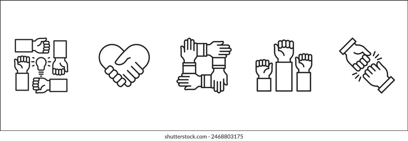 Teamwork-Symbol. Kooperationen-Hands-Icon-Set. Symbol für Zusammenarbeit. Geschäftskollege-Zeichen. Ikonen der Brüderlichkeit, Beziehung, Verbindung, Partnerschaft. Vektorgrafik isolierte Darstellung im Linienstil Design