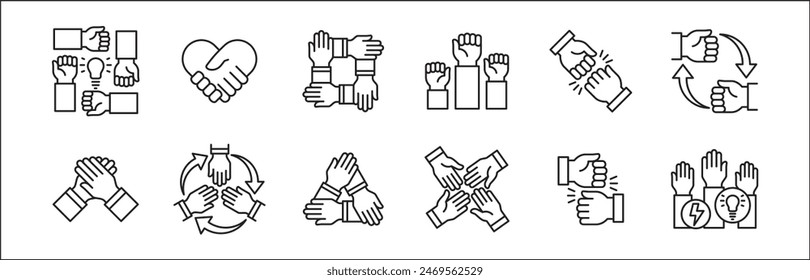 Teamwork-Symbol. Kooperationen-Hands-Icon-Set. Symbol für Zusammenarbeit. Geschäftskollege-Zeichen. Ikonen der Brüderlichkeit, Beziehung, Verbindung, Partnerschaft. Vektorgrafik isolierte Darstellung im Linienstil Design