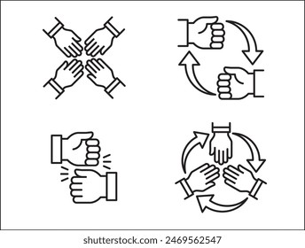 Teamwork-Symbol. Kooperationen-Hands-Icon-Set. Symbol für Zusammenarbeit. Geschäftskollege-Zeichen. Ikonen der Brüderlichkeit, Beziehung, Verbindung, Partnerschaft. Vektorgrafik isolierte Darstellung im Linienstil Design