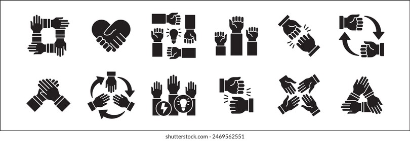 Teamwork-Symbol. Kooperationen-Hands-Icon-Set. Symbol für Zusammenarbeit. Geschäftskollege-Zeichen. Ikonen der Brüderlichkeit, Beziehung, Verbindung, Partnerschaft. Vektorgrafik Einzeldarstellung in flacher Volumenkörperkonstruktion