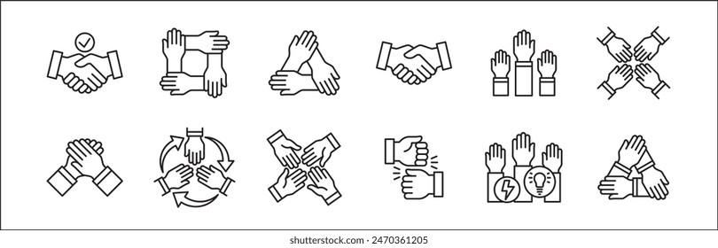 Teamwork icon. Cooperation hands icon set. Collaboration symbol. Business co-worker sign. Icons of brotherhood, relation, connection, partnership. Vector isolated illustration in line style design