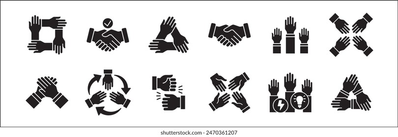 Teamwork-Symbol. Kooperationen-Hands-Icon-Set. Symbol für Zusammenarbeit. Geschäftskollege-Zeichen. Ikonen der Brüderlichkeit, Beziehung, Verbindung, Partnerschaft. Vektorgrafik Einzeldarstellung in flacher Volumenkörperkonstruktion