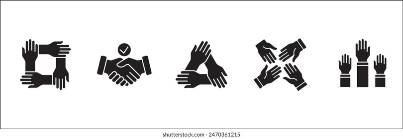 Teamwork-Symbol. Kooperationen-Hands-Icon-Set. Symbol für Zusammenarbeit. Geschäftskollege-Zeichen. Ikonen der Brüderlichkeit, Beziehung, Verbindung, Partnerschaft. Vektorgrafik Einzeldarstellung in flacher Volumenkörperkonstruktion