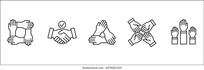 Teamwork-Symbol. Kooperationen-Hands-Icon-Set. Symbol für Zusammenarbeit. Geschäftskollege-Zeichen. Ikonen der Brüderlichkeit, Beziehung, Verbindung, Partnerschaft. Vektorgrafik isolierte Darstellung im Linienstil Design