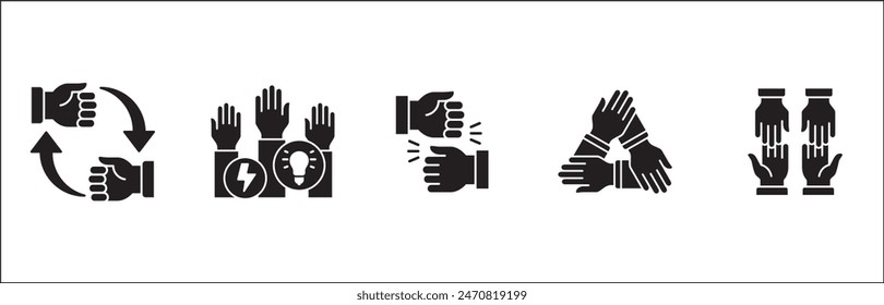 Teamwork-Symbol. Kooperationen-Hands-Icon-Set. Symbol für Zusammenarbeit. Geschäftskollege-Zeichen. Ikonen der Brüderlichkeit, Beziehung, Verbindung, Partnerschaft. Vektorgrafik Einzeldarstellung in flacher Volumenkörperkonstruktion