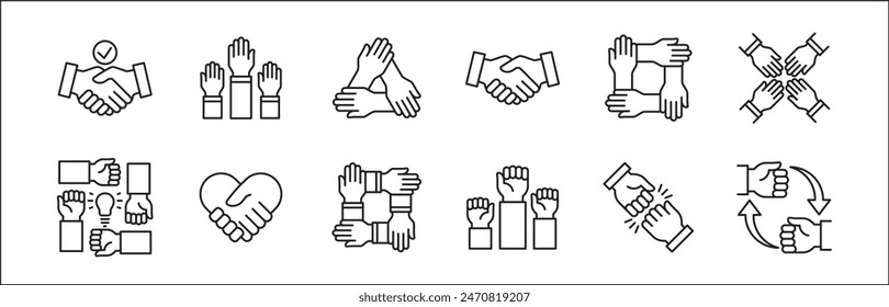 Teamwork icon. Cooperation hands icon set. Collaboration symbol. Business co-worker sign. Icons of brotherhood, relation, connection, partnership. Vector isolated illustration in line style design