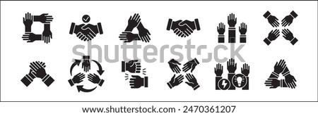 Teamwork icon. Cooperation hands icon set. Collaboration symbol. Business co-worker sign. Icons of brotherhood, relation, connection, partnership. Vector isolated illustration in flat solid design