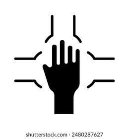 Teamwork icon. Four hands in a square, collaboration, unity, cooperation, support, teamwork, working together.