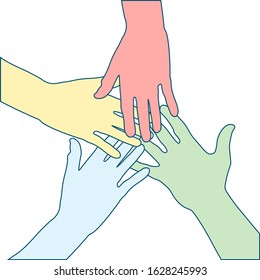 Teamwork  Icon. Hand drawn people join hands together. Friends or colleagues with stack of hands showing unity and teamwork isolated vector illustration.