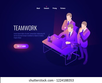 Teamwork icon isometry, collective discussion, project discussion, startup, business management, office workplace, brainstorming dark neon vector