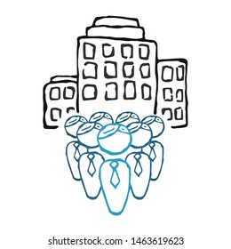 Teamwork. Icon large company business people. Group of people in suits. People on the background of buildings. Vector illustration. Simple hand drawing icon.