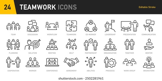 Teamwork icon in line style. Team, business people, human resources, collaboration, research, meeting, partnership, support, businessman. Collection. Vector illustration.	